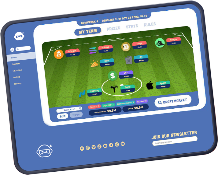 Tablet showing Rebellion fantasy finance platform with football field-style interface displaying various assets like Bitcoin, Tesla, Apple positioned as team players